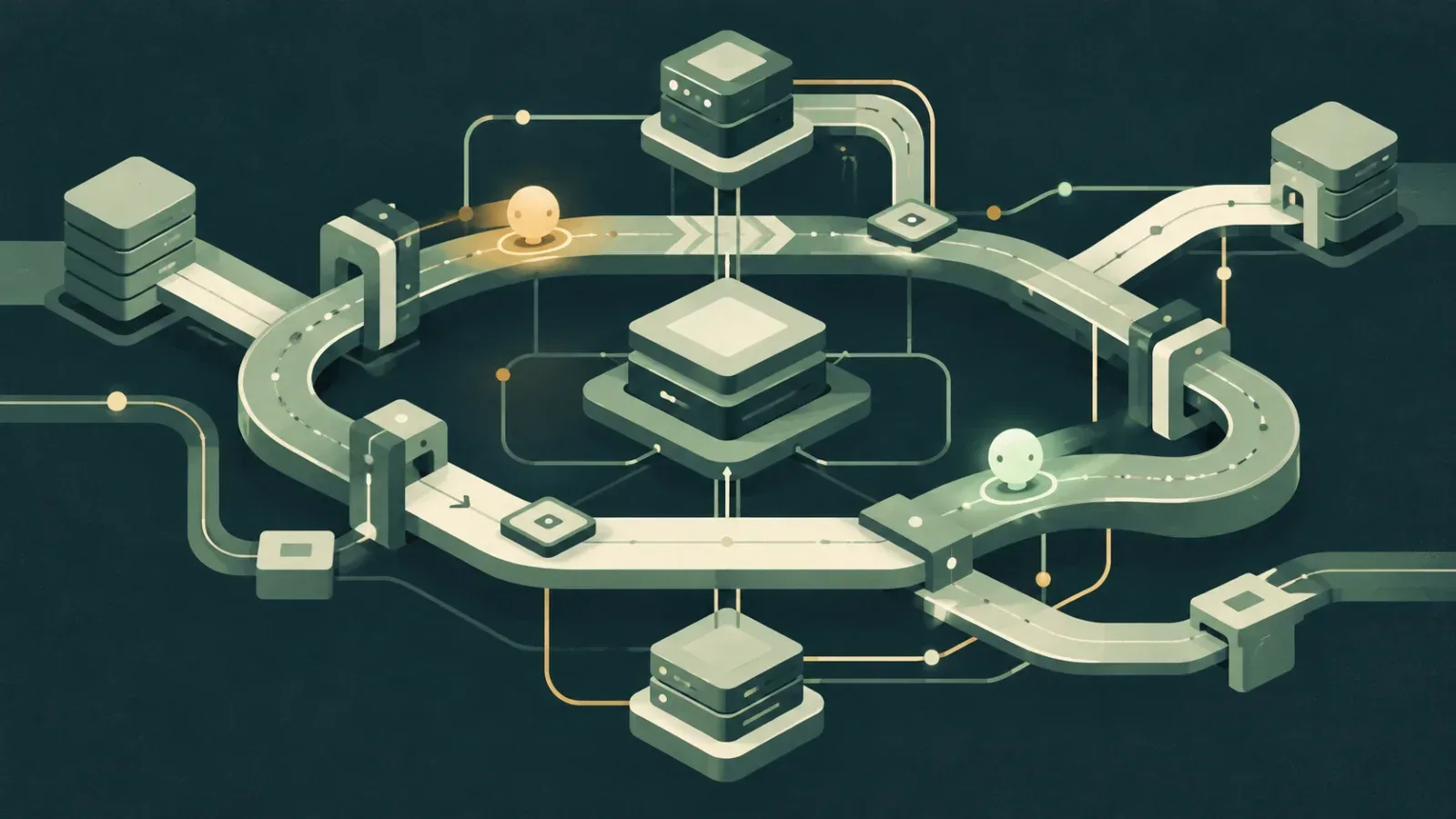Glowing agent orbs travel through looping training paths connecting abstract server modules and checkpoints.