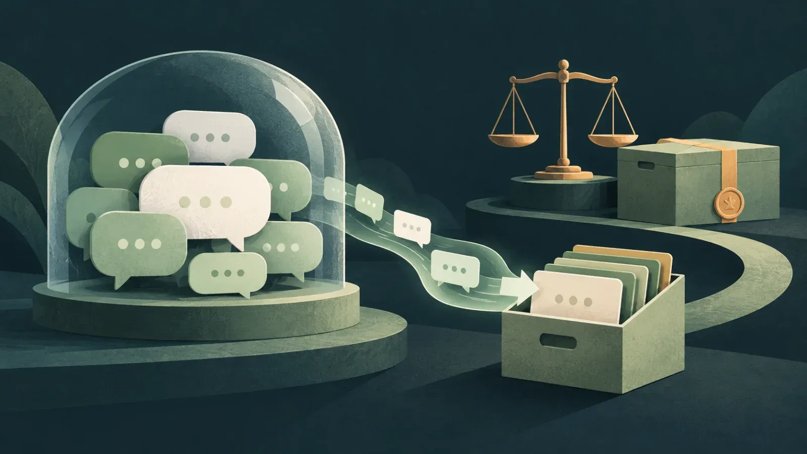 Chat bubbles under a protective dome flow into an archive box, with scales of justice and a sealed sale package nearby.